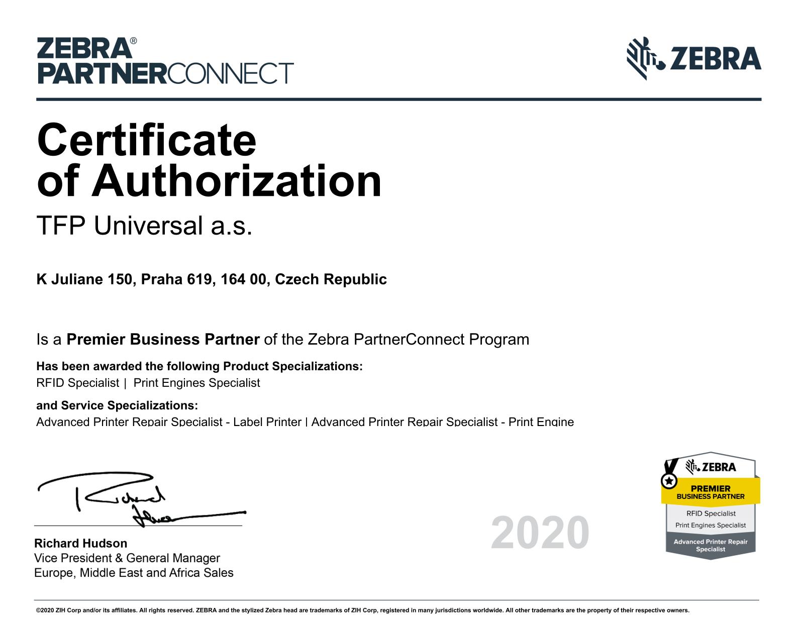 ZEBRA Certificate of Authorization 2020